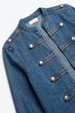 Q2 Denim Military Button Cropped Jacket