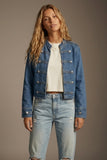 Q2 Denim Military Button Cropped Jacket