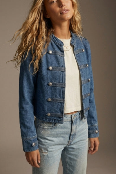 Q2 Denim Military Button Cropped Jacket
