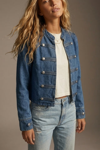Q2 Denim Military Button Cropped Jacket