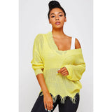 Light Knit Destroyed Hem V-Neck Sweater