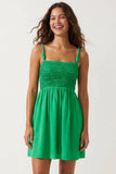 Cord Detail Smocking Mini Dress-Capri Blue
