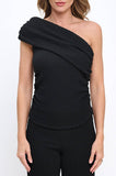 FINAL SALE Textured One Shoulder Top with Ruched Detail - Black