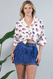 American Flag  Print Collar Button Down Shirt- White