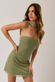 Strapless Shoulder Panel Detail Mini Mesh Dress Sage