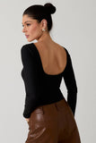 Boat Neck Long Sleeve Bra Friendly Open Back Bodysuit