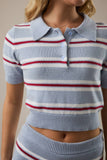 Stacie Short Sleeve Collared Striped Sweater Top - Light Blue/Red