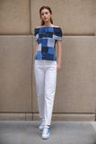 Jenny Off Shoulder Top with Denim Patch Print- Blue