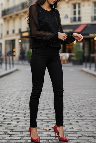 Italian Black Sheer Sparkle Mesh Sleeve Blouse