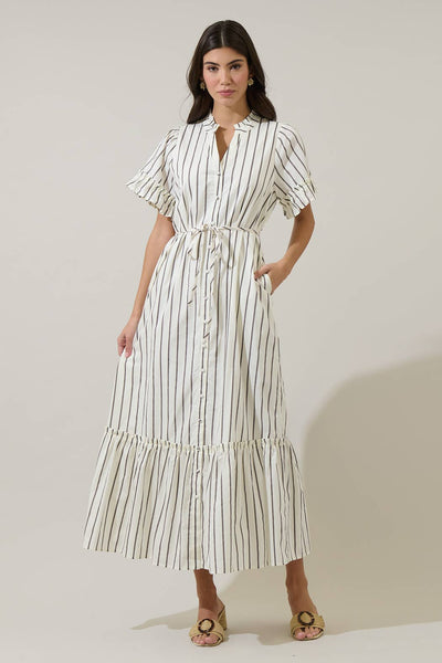 Kamara Striped Alna Button Up Midi Dress- Marshmallow
