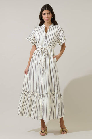 Kamara Striped Alna Button Up Midi Dress- Marshmallow