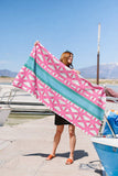 Beach Towel - Pink Bamboo w Aqua Stripe