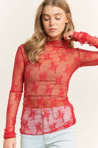 Mesh Lace Design High Neck Long Sleeved Fitted Top