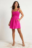 Cord Detail Smocking Mini Dress-Capri Blue