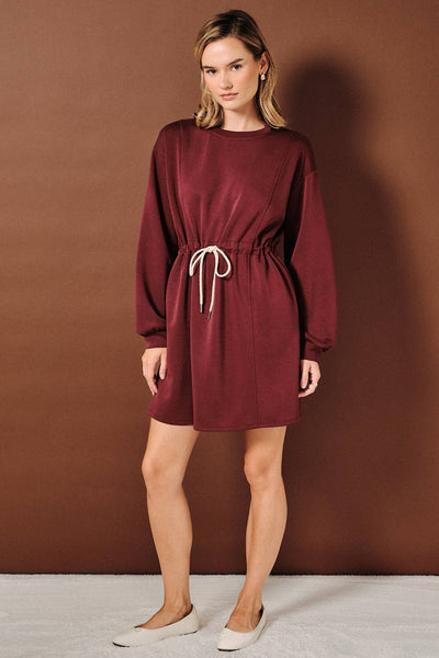Burgundy Crew Neck Drawstring Waist Mini Dress