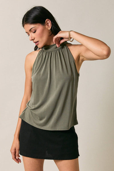 Mock Neck Sleeveless Gathered Halter Top
