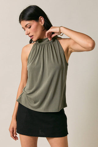 Mock Neck Sleeveless Gathered Halter Top