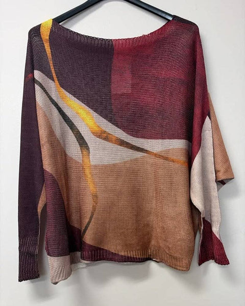 Italian Abstract Wave Printed Sweater - Burgundy