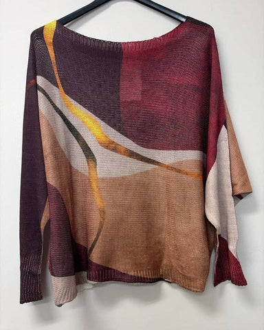 Italian Abstract Wave Printed Sweater - Burgundy