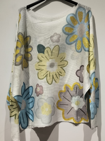 Italian White Daisy Knit Printed Sweater