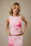 Round Neck Sleeveless Flower Print Mesh Top - Pink