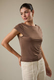 Boat Neck Short Sleeve Back Cowl Neck Knit Top- White