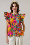 Milana Floral Zaree Ruffle Poplin Top - Orange/Ponk