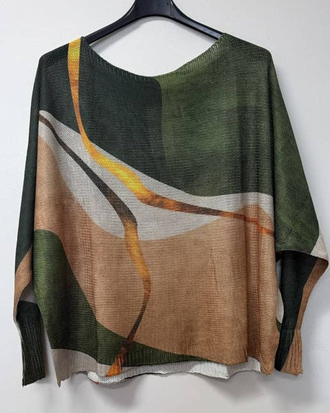 Italian Abstract Wave Printed Sweater - Green