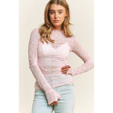 Mesh Heart Flocking High Neck Long sleeved Shirt