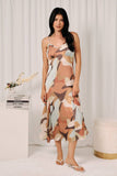 Ruffle Edge Godet Pleat Abstract Print MIDI Dress