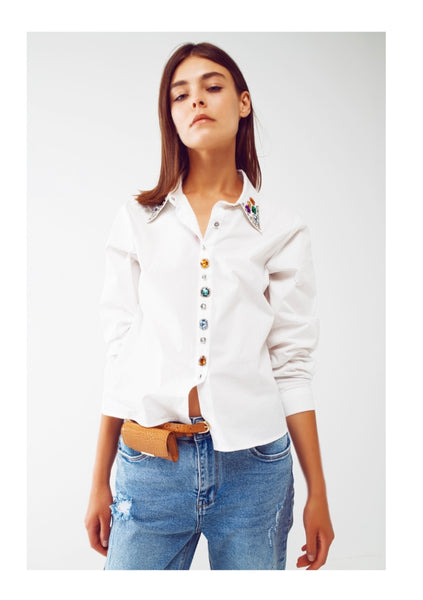 Beaded Collar Shirt With Jeweled Buttons - Blue And White
