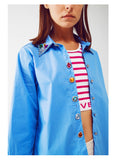 Beaded Collar Shirt With Jeweled Buttons - Blue And White