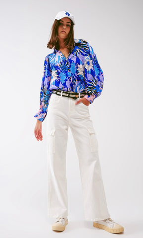Floral Print Chiffon Blouse - Blue
