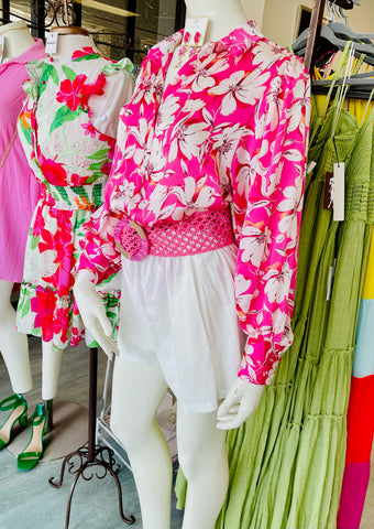 Floral Chiffon Blouse With Volume Sleeves - Pink