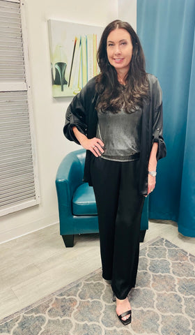 FINAL SALE:  Sophisticated Satin Draped Jacket with Pockets - Black