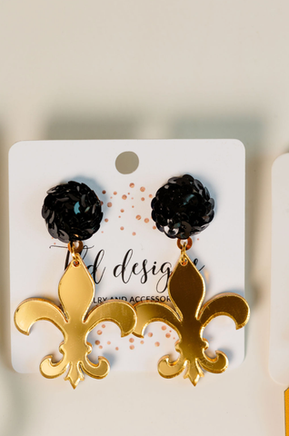 Acrylic Black and Gold Fleur-de-lis Earings