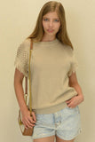 Tassel Sheer Short Sleeves Knitted Top - Khaki
