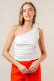 Rosette Ruched One Shoulder Crop Top - White