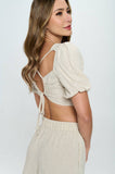 Samantha Solid Linen Crop Top with Open Back