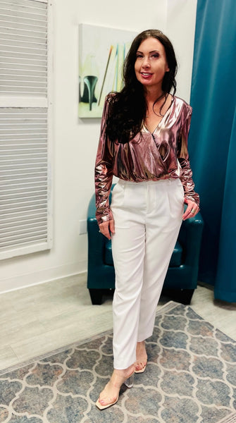 Glam Girl Pleat Belt With Buckle Solid Pants - Off White