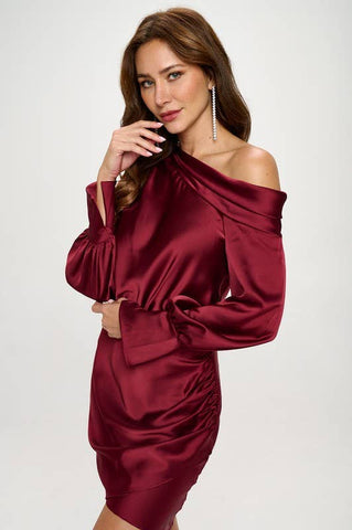 Satin Off Shoulder Ruched Asymmetrical Hem Dress - Burgundy