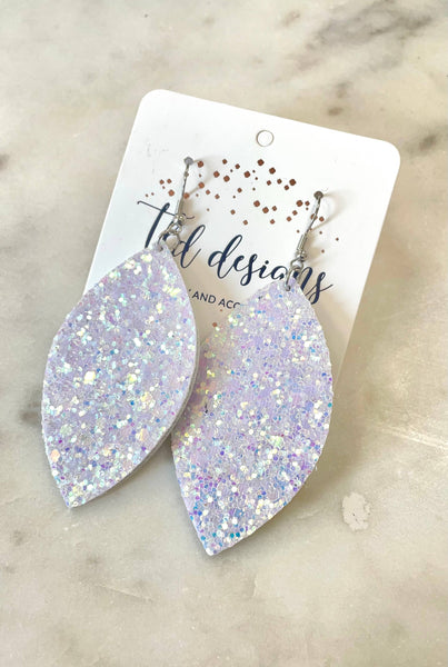 Glitter Leaf Earrings - White
