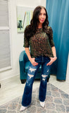 Sweet Distressed Petra Mid-Rise Flare Jeans - Dark Wash