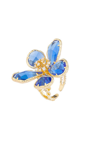 Kobal CZ Crystal Flower Adjustable Ring - Blue