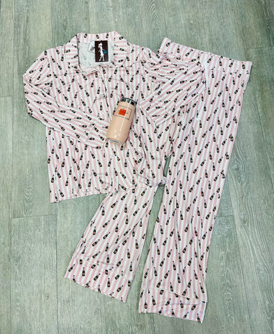 Veuve Champagne Bubbly Pajama Set - Pink and White