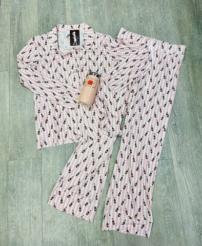 Veuve Champagne Bubbly Pajama Set - Pink and White