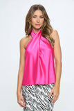 Satin Criss Cross Halter Top with Open Back - Fuchsia