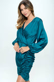 The Ritz Stretch Satin Dress with Ruched Asymmetrical Hem